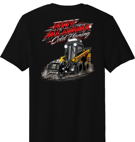 Black Ray Aldama Cold Planing T-shirt with skid steer and road construction graphic on the back