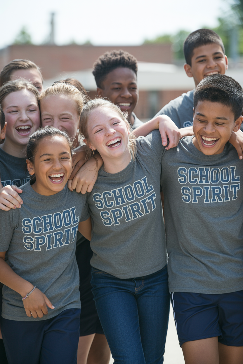 Students wearing custom school spiritwear from an online school store