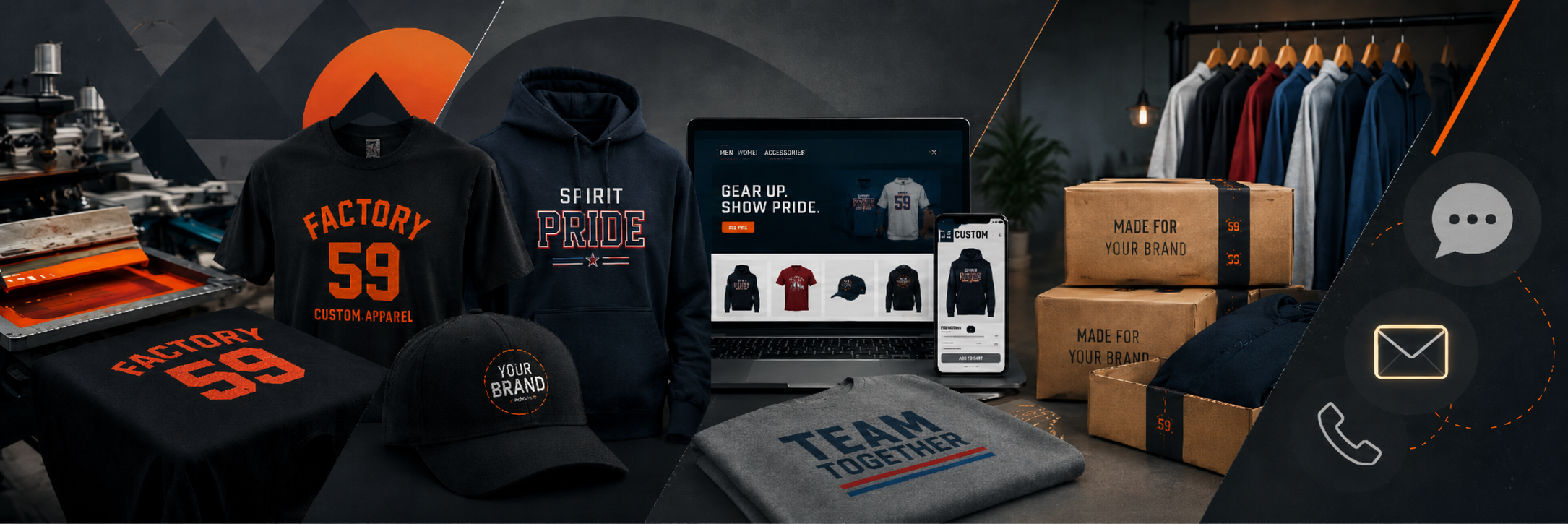 Factory 59 contact banner featuring custom apparel, school spirit stores, branded merchandise and order fulfillment