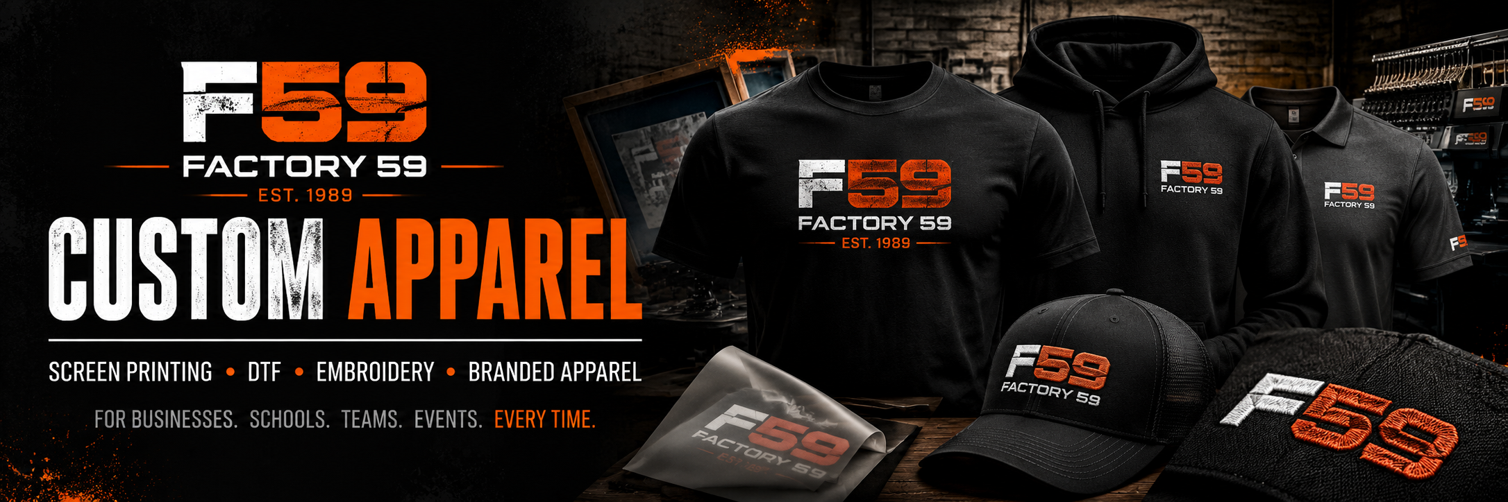 Factory 59 custom apparel featuring screen-printed shirts, embroidered hats, hoodies and branded workwear