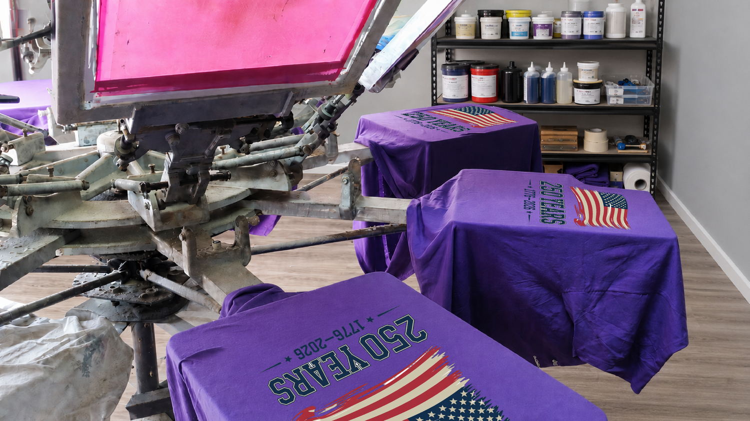 Factory 59 screen printing purple shirts for a custom apparel order