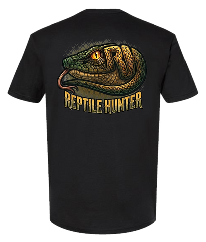 Back of black Joseph Hart Reptile Hunter T-shirt with large snake and Reptile Hunter graphic