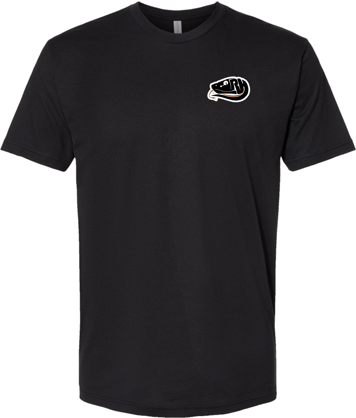Front of black Joseph Hart Reptile Hunter T-shirt with small left-chest reptile logo