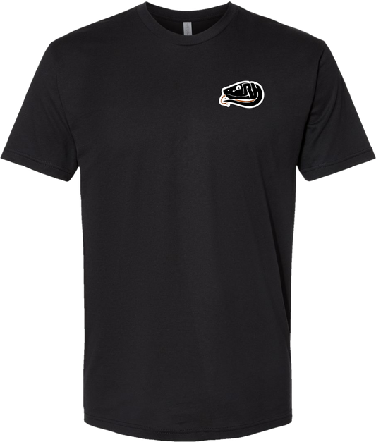 Front of black Joseph Hart Reptile Hunter T-shirt with small left-chest reptile logo